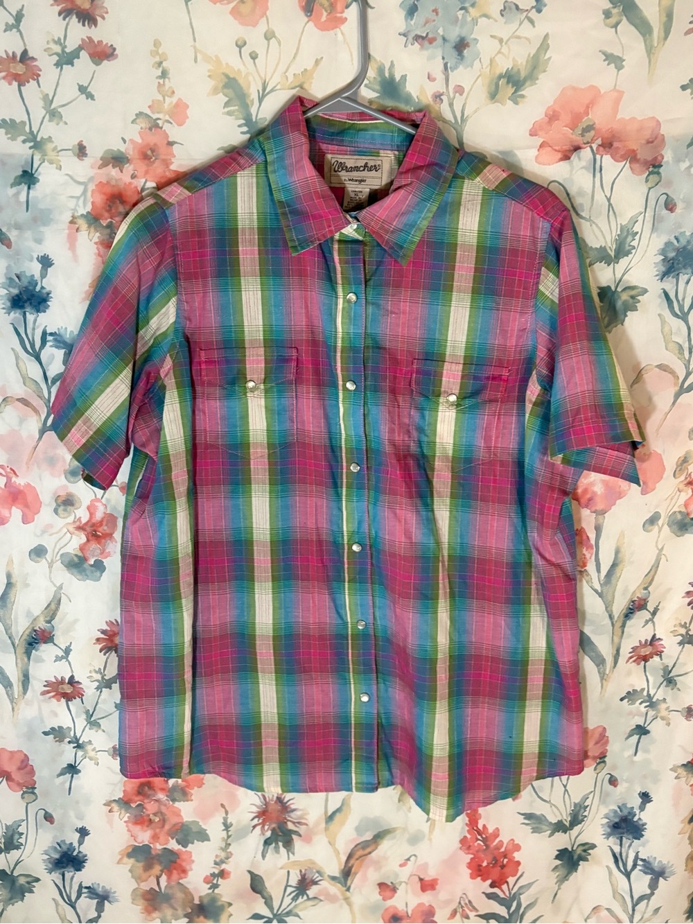 Vintage Wrangler Short Sleeve Plaid Button-Down Shirt - Pink, Green, Blue